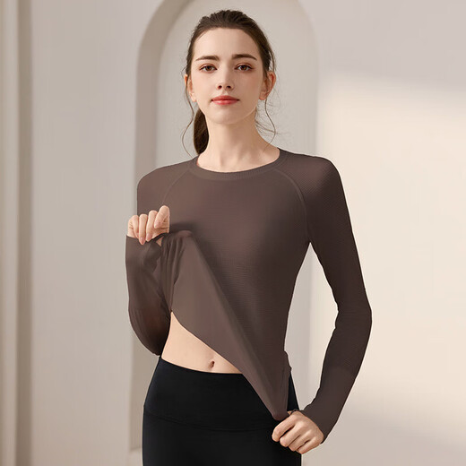One-piece knitted autumn and winter sports long-sleeved round neck slimming fitness wear running Pilates top yoga wear T-shirt pink L