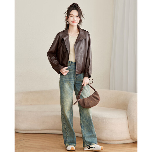 TERRE BLEUE motorcycle style women's leather jacket 25 autumn age-reducing temperament stand-up collar foreign style versatile casual leather short jacket