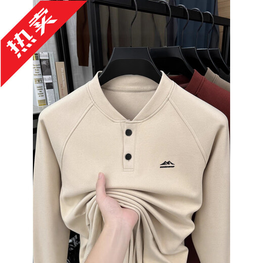 GOLDLION G+ German velvet two-button Henry collar sweatshirt men's autumn and winter new casual pullover loose long-sleeved bottoming shirt Khaki M (recommended 95-110Jin Jin equals 0.5 kg)