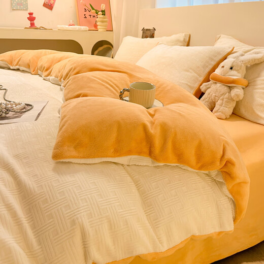 La Chapelle milk velvet four-piece set winter 2025 new flannel baby bed sheet quilt cover bedding woven pattern-white orange bed sheet style 1.5m four-piece set