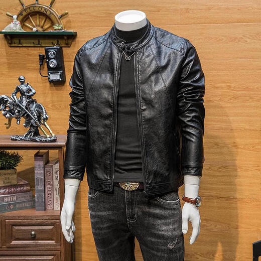 Spring and Autumn Leather Men's High-end Motorcycle Jacket 2025 Spring Trendy and Handsome Men's High-End Stand-up Collar Leather Jacket Black 2XL Recommended Weight 130-145Jin Jin is equal to 0.5 kg