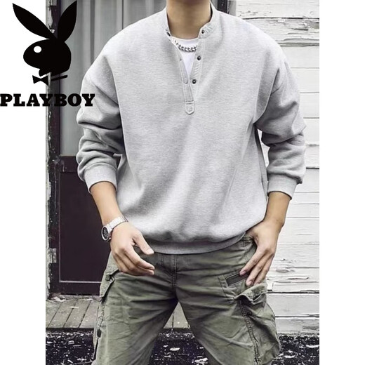 Playboy (PLAYBOY) Japanese retro autumn and winter men's Henry collar long-sleeved shirt warm casual pullover sweatshirt large size gray high quality regular L