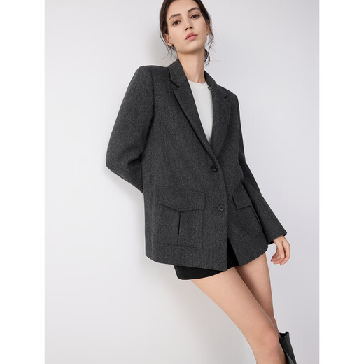 ELLE French Sheep Wool Old Money Style Suit Jacket Women's 2025 Winter New High-end Fashionable Silhouette Suit Dark Gray M