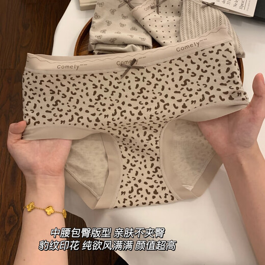 Inner companion 4 pairs of leopard print pure cotton underwear women's 10A antibacterial extended crotch skin-friendly naked feeling girls mid-waist briefs XL