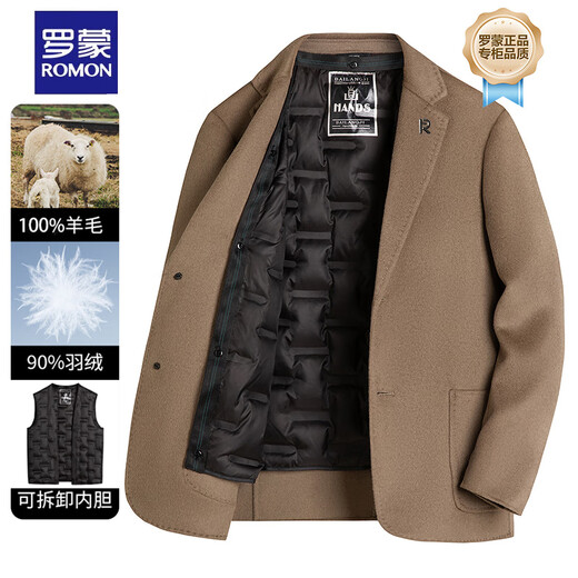 ROMON wool double-sided woolen suit for men, removable down liner jacket, middle-aged cold-proof and warm small suit for men, black XL 180