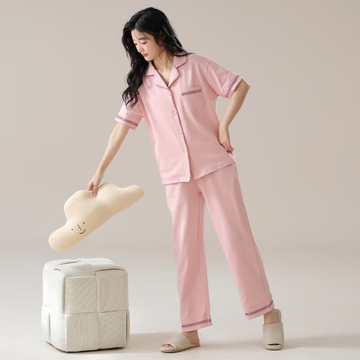 2025年新款睡衣女夏短袖纯棉套装开衫可爱夏长裤卡通休闲季家居服 9737 粉色 M 【80-100斤】