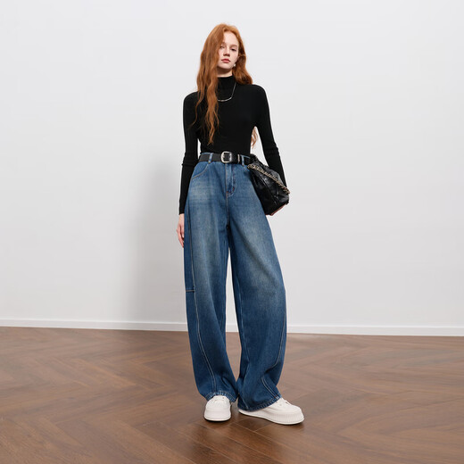 Three-color plus velvet 2025 winter new scimitar jeans casual loose trousers simple M haze blue M 160/68A