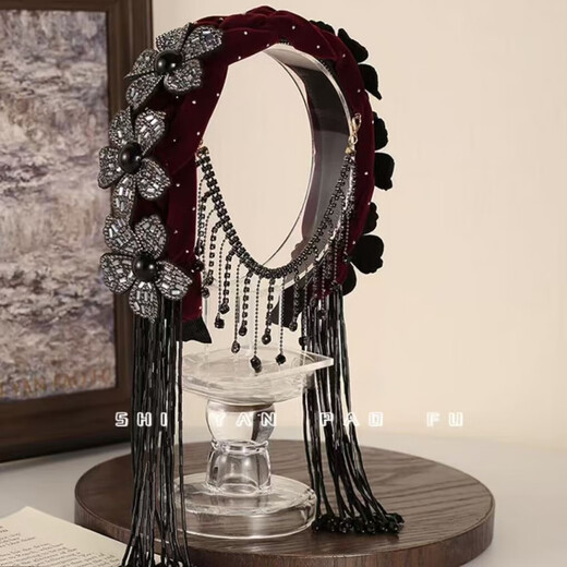 Mist-added Donggong headband wide-brimmed hair seam three-dimensional flower braided velvet hair accessory tassel sparkling diamond exotic style pressed headband Donggong black