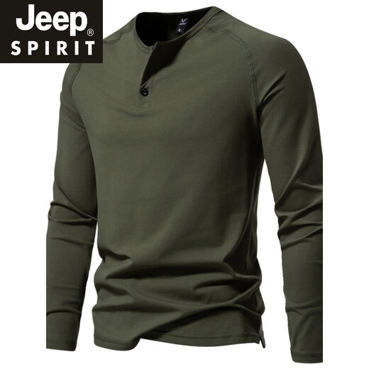 JEEP SPIRIT autumn men's pure cotton Henry collar long-sleeved T-shirt youth European and American simple elastic slim solid color versatile bottoming shirt dark gray XL