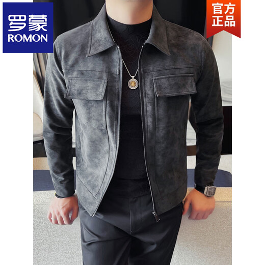 ROMON nubuck leather men's jacket autumn 2026 new fashion trend lapel short double pocket motorcycle top coffee color 2XL (140-155Jin Jin equals 0.5kg)