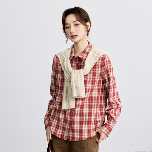 INMAN Hong Kong style retro college style sub-shirt for women 2025 autumn literary and versatile casual long-sleeved layered shirt red plaid S