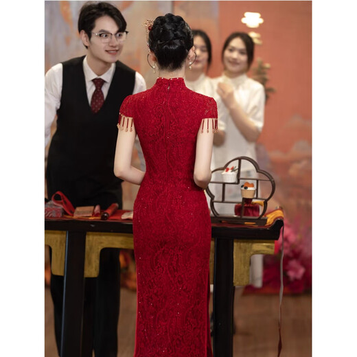 Belaya New Chinese Style Engagement Dress Bridal Toast Wear Back Door Cheongsam Burgundy Dress Wedding Clothes Women Summer Burgundy S