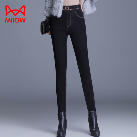 MiiOW high-waist silk, silk cotton trousers and velvet jeans for women 2025 new winter thickened and warm outer wear to show slimming feet black denim/strip/strip sheep lining Height 158-169 cm 2XL Weight 125-135