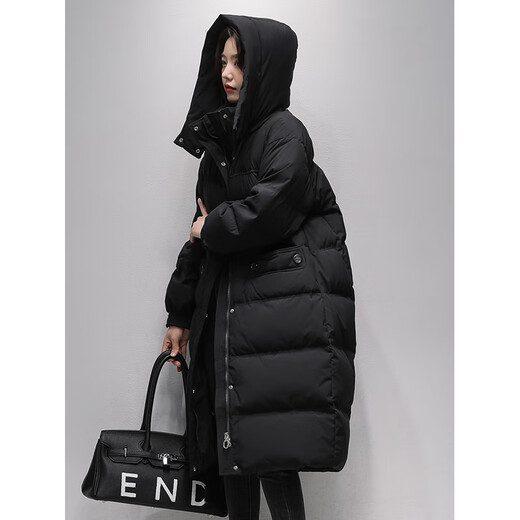 Flying in the Snow Long Down Jacket Women's 25 Winter New Loose Large Size Fashion Warm 90 Fleece Hooded Jacket Black S