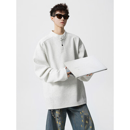 Cotton fantasy MIAN HUAN American heavyweight right shoulder deconstructed sweatshirt for men in autumn and winter loose and trendy inner layering shirt Henry collar long-sleeved T-shirt dark heather gray XL