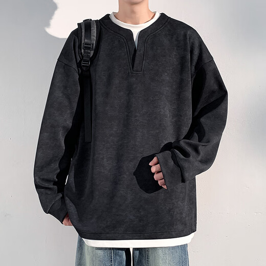 SWAMP AREA sweatshirt men's spring and autumn fake two-piece long-sleeved top American Henry collar bottoming shirt SAR012 black L