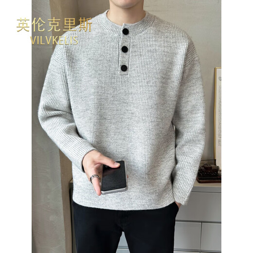 VILVKELIS British Chris autumn and winter new high-end loose pullover sweater men's Henry collar sweater gray sweater black L _120-140Jin Jin equals 0.5 kg