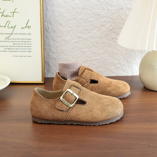 Girls' Shoes Retro British Birkenstock Shoes 2025 Autumn New Girls Soft Sole Princess Small Leather Shoes Peas Single Shoes Yellow Brown 30 (Inner Length 18.2cm)