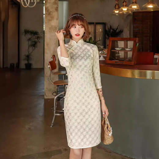 2025 New Summer and Autumn Improved Cheongsam Mid-sleeve Short Lace Retro Slim Flower Dress Slit Sexy Slim E0002-2 Chidori Burgundy 2XL Recommended 130-140Jin Jin is equal to 0.5 kg