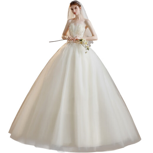 LNGA LANDGRE tube top main wedding dress 2025 new bride temperament slimming forest style super fairy fantasy floor-length simple French gauze skirt white floor-length wedding dress plus three-piece set_White S