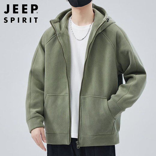 JEEP SPIRIT Jeep Polar Fleece Hooded Jacket Men's Autumn and Winter Cardigan Sweater Jacket Men's Thickened Top Bean Green XL