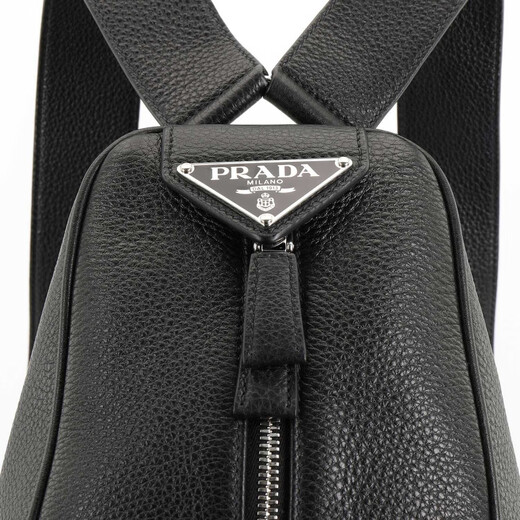 PRADA enameled metal triangle logo zipper design leather backpack regular men's black gift bag (basic + original handbag)