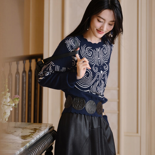 EP Yaying Blue Label Series | Temperament Knitted Jacquard Ethnic Blue Pullover Cardigan Sweater 2025 Winter New Style 9520A White M