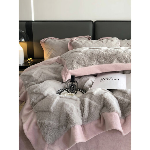 Cheng Baobao rabbit plush four-piece set milk velvet winter coral velvet flannel bed quilt cover solid color high-end home textile bed sheet style rabbit plush-lotus pink bed sheet style 1.5m bed four-piece set suitable for 200*230cm quilt