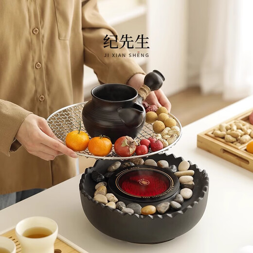 Mr. Ji cooks tea by the stove indoor household teapot electric ceramic stove gift box as a birthday gift for friends, elders, parents and teachers. Full cover side handle pot Yahei + Xiaoqu electric ceramic stove Yahei + 4 gourd cups in white gift box