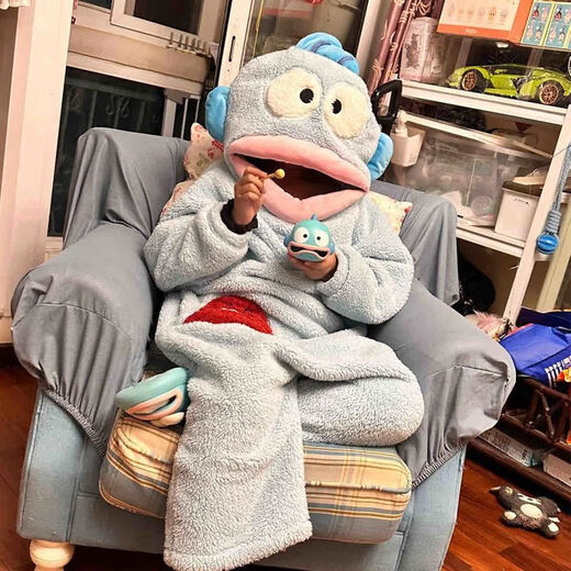 Gongziyu clownfish nightgown, college students' full life pajamas, funny clownfish nightgown cartoon winter thickened blue blue clownfish jumpsuit warm plus velvet S 70=90