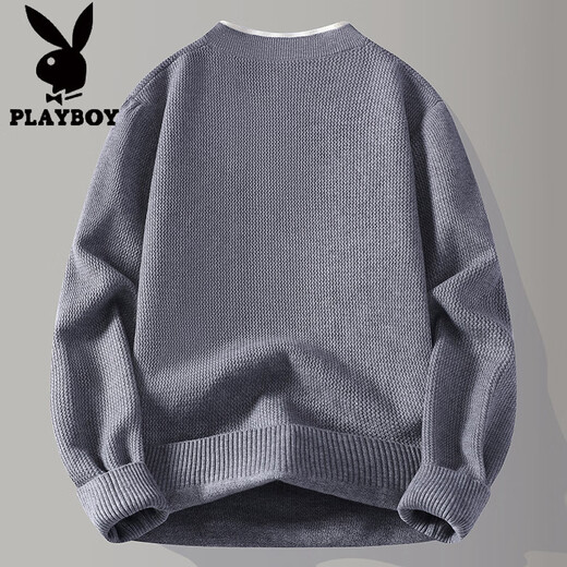 Playboy (PLAYBOY) heavy fake two-piece sweater for men winter 2025 American retro sweater thickened warm henley collar sweater jacket light gray XL
