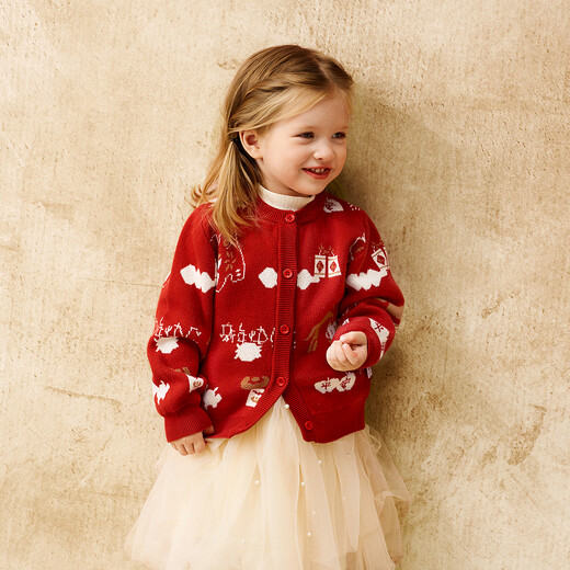 Tongtai (TONGTAI) baby sweater cardigan winter pure cotton children's clothes outing knitted jacket festive New Year red 100cm