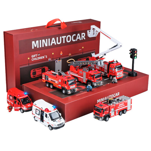 Kawei (KIV) birthday gift alloy toy car children's fire truck toy boy boy car set police car model car fire rescue team-gift box style five cars + dolls + road signs + battery firefighting_police car_ambulance