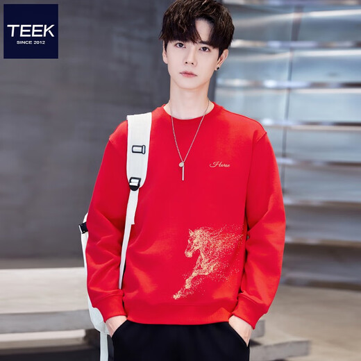 TEEK Autumn and Winter Sweater Year of the Horse Ben Ming Year Red Clothes Men's 2026 New Year's Happy New Year's Greetings Pure Cotton Top Regular Style YW2933 Red L