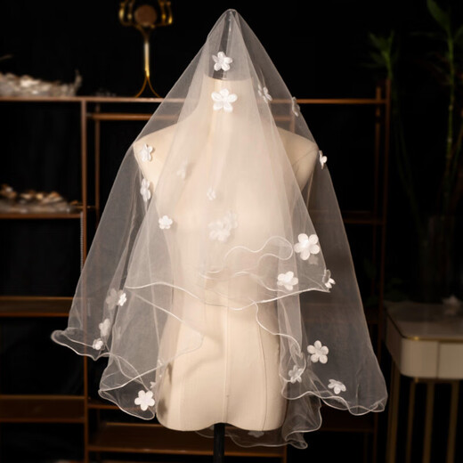 Veil main wedding dress super fairy style photo studio shooting props double layer white simple bridal wedding lace headdress white lace lace veil single layer about 1.4 meters 1 piece