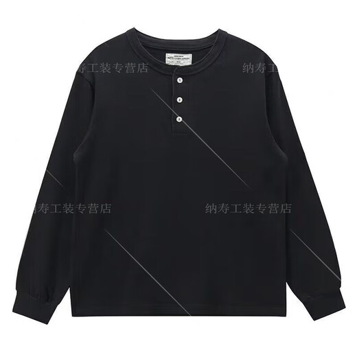 Jiaojing long-sleeved American retro long-sleeved T-shirt men's simple Ami khaki heavy Henry collar bottoming shirt for men black XL