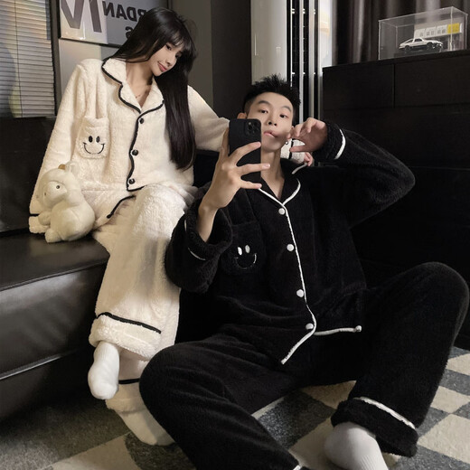 Modal Couple Pajamas Women's Winter Coral Fleece Thickened Cartoon Cute Men's Loose Autumn and Winter Home Clothes Set W1008 Black + White One Set for Men and Women M Women + Men 3XL