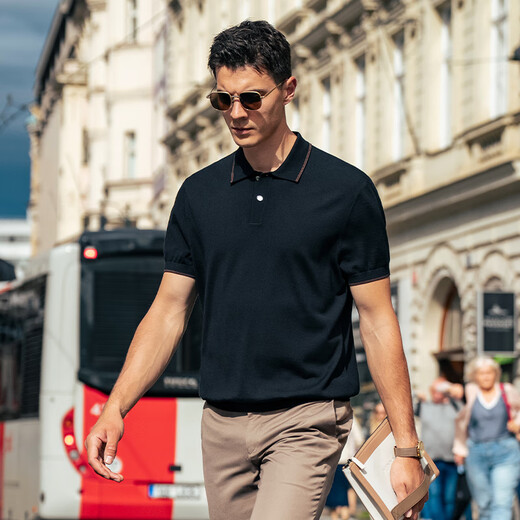 Mr. Bu machine washable lapel cardigan T-shirt 2025 autumn new solid color business sweater short-sleeved bottoming shirt BT16888 piano black 2XL (185)