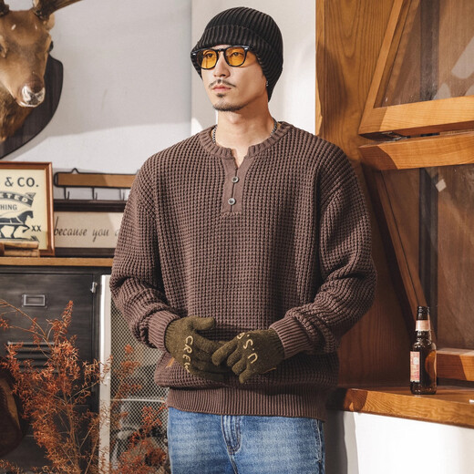 Jay Leno American retro tough guy Henry collar sweater men's winter thickened trendy brand men's sweater loose casual sweater coffee M suitable for 100-125Jin Jin equals 0.5 kg