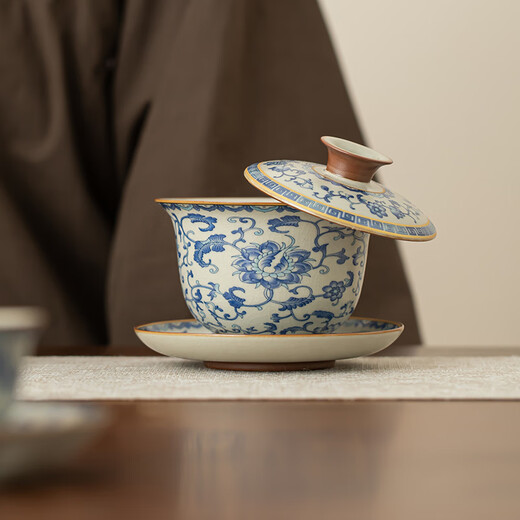 Fantu Ru Kiln Kung Fu Tea Set Hover Cover Bowl Xi Shi Complete Set of Tea Cups and Teapots Light Luxury High-end Master Class Gift Box Fu Xi Shi Pot Blue and White Lotus-Bell Cup Large Set 30 Pieces