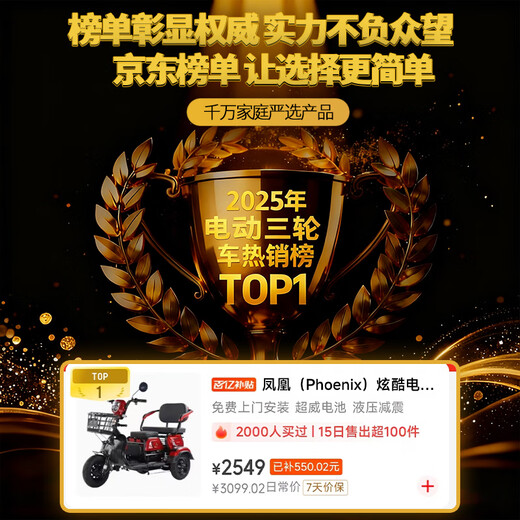 Phoenix Cool Electric Tricycle Home Small Elderly Walking Electric Tricycle Tricycle Elderly Leisure Battery Car 600W丨60V24A Black Gold + Battery Life About 55 Kilometers