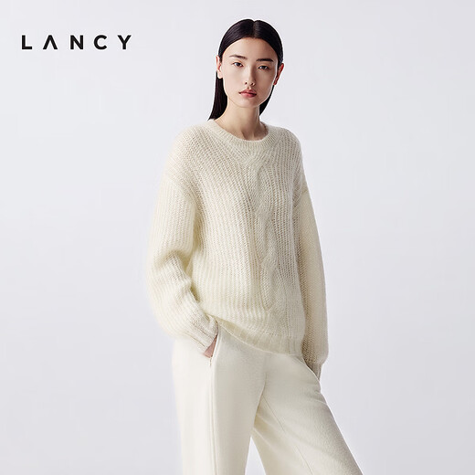 LANCY mohair silk 25 winter new relaxed cable knit sweater women's round neck off-shoulder sweater off-white 2XL
