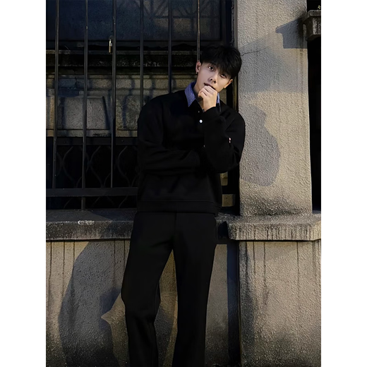 POUM American fake two-piece Polo shirt sweatshirt for men in autumn and winter old money style cleanfit silhouette Henry top OPXFS-W37 black regular M