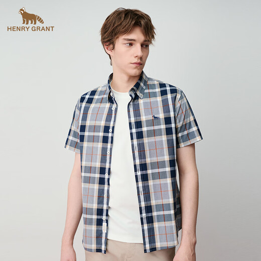HENRY GRANT Henry Grant 2025 spring and summer short-sleeved British casual shirt men's short-sleeved khaki blue plaid shirt Khaki (QTC242130U311) 46 (170/88A)