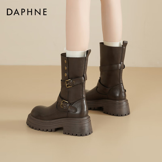 Daphne thick-soled Martin boots for women 2026 new autumn belt buckle boots Maillard Western cowboy style brown short boots for women brown-folding two-wear heel height 6.5cm 37