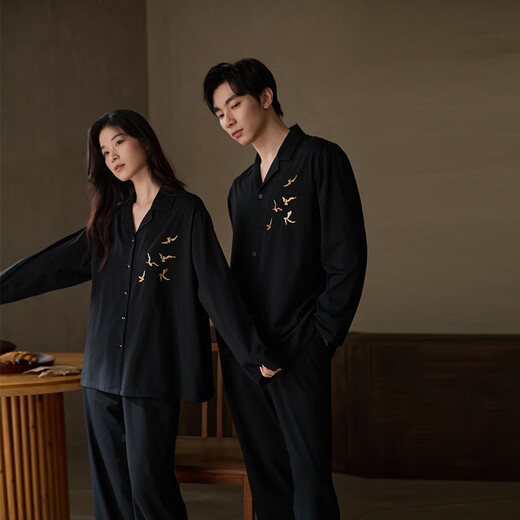 Sha Qian Couple Pajamas 2025 New Soft Cotton Men's Home Clothes Black Lapel Women's Spring and Autumn Wearable Outer Suit