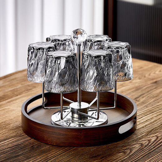 DELISOGA Glacier Glass Embossed Water Cup Home Hospitality Drinking Set High-end Light Luxury Red Beer and Wine Tea Cup Transparent - 6 Black Ice Cups + Rotating Metal Stand + Round Tray