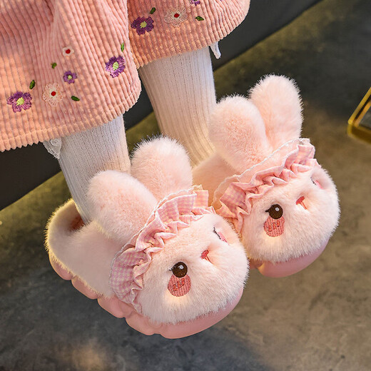 Autumn and winter children's cotton slippers for girls, warm plus velvet rabbit, cute furry parent-child home baby bag with cotton shoes, pink slippers, size 32 33 (shoe length 19CM, suitable for feet 18CM)