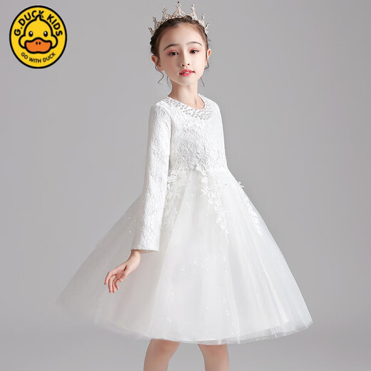 G.duck Spring, Autumn and Winter Girls' White Princess Dress Wedding Dress Children's Long-Sleeved Puff Dress Middle-aged Children's Performance Dress White No Velvet 110 cm Suitable for 100-110cm Age 4-5 Years Old