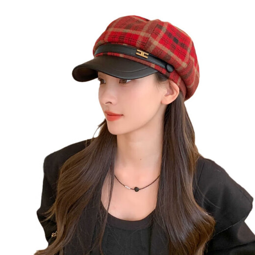 Korean retro leather belt plaid octagonal hat for women winter warm woolen beret for women with leather brim stitching newspaper hat red plaid